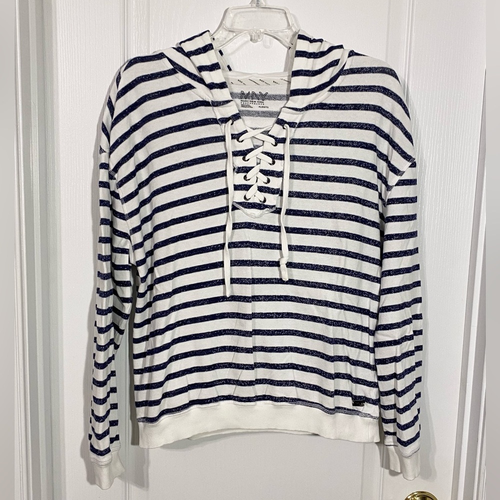 Marc NY Lace Up Striped Hoodie Navy White Size XL